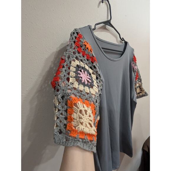 Granny square crochet multi color sleeved grey blouse size XXL - Picture 2 of 6